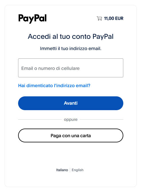 Schermata PayPal con il pulsante blu Avanti e l'opzione Paga con una carta