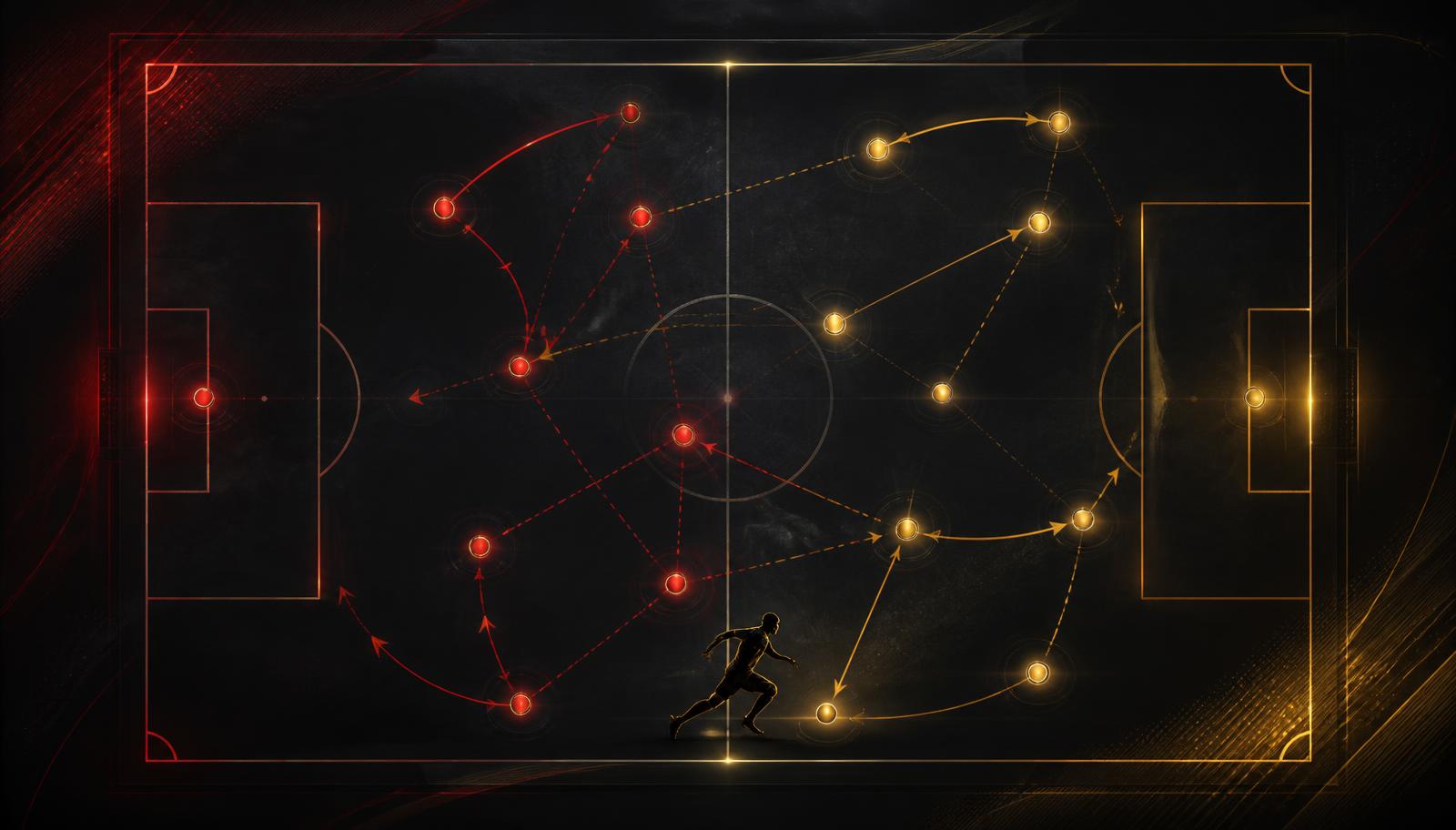 Grafica tattica originale con campo da calcio stilizzato e linee rosse e oro